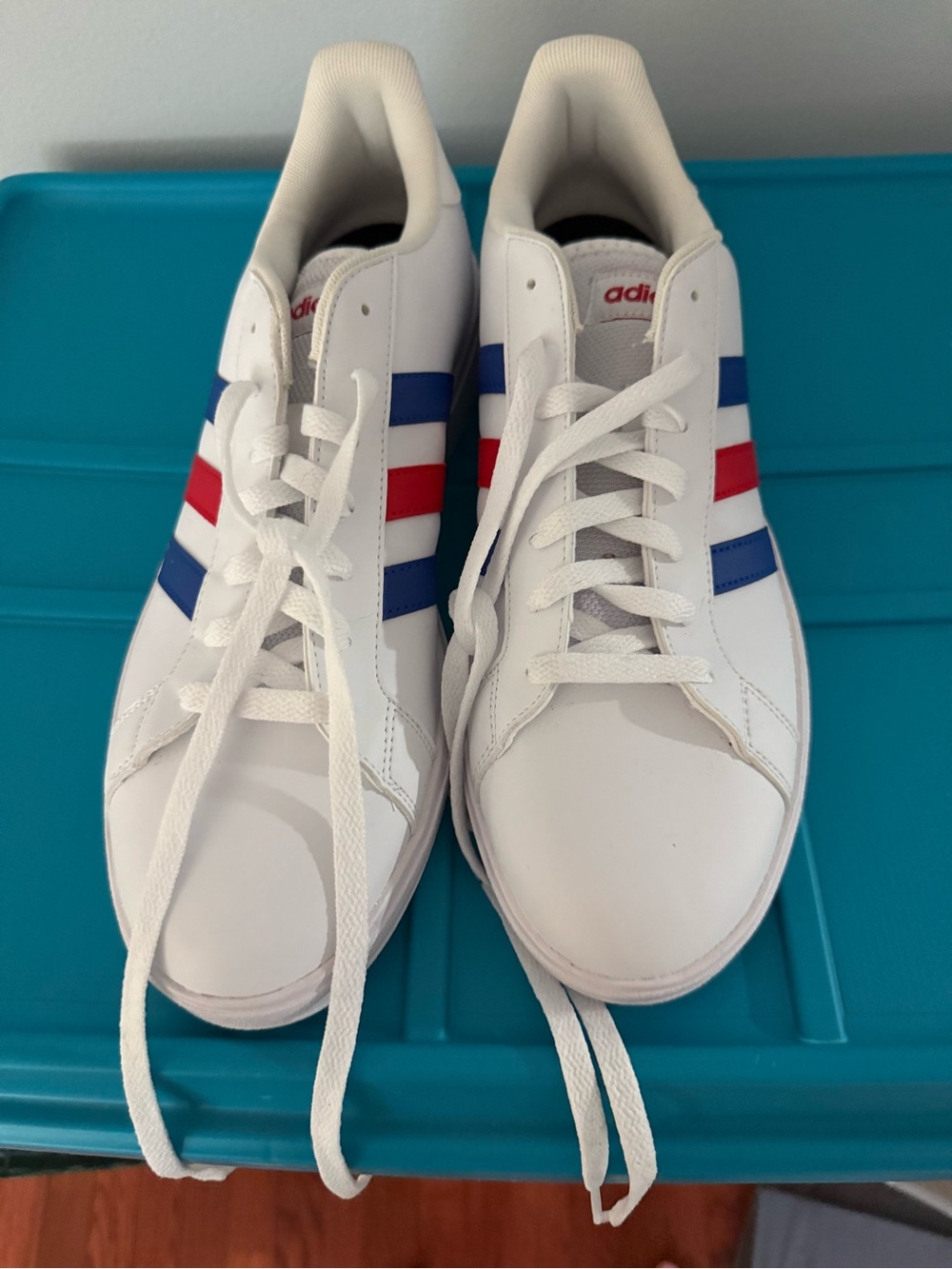 adidas White Sneakers with Blue and Red Stripes